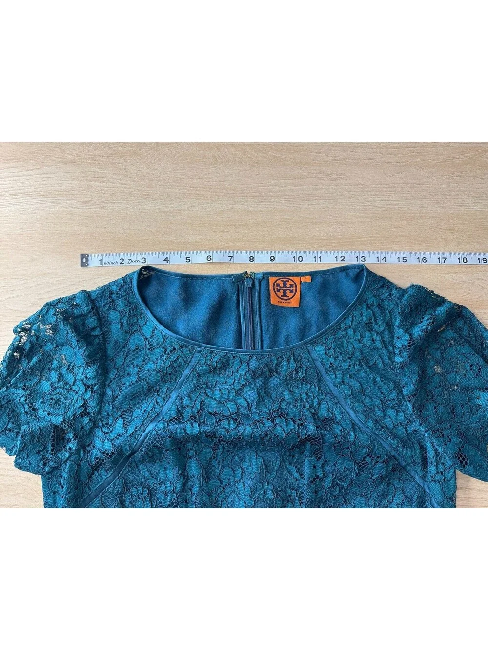 Tory Burch Teal Lace Cocktail Dress 8 Silk Ruffle Puff Sleeve